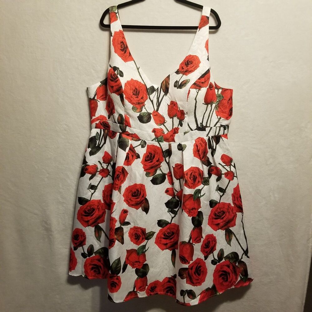 Chi Chi London 26 Dress Damask Satin Red Roses Padded Bust Knee Length Pin Up